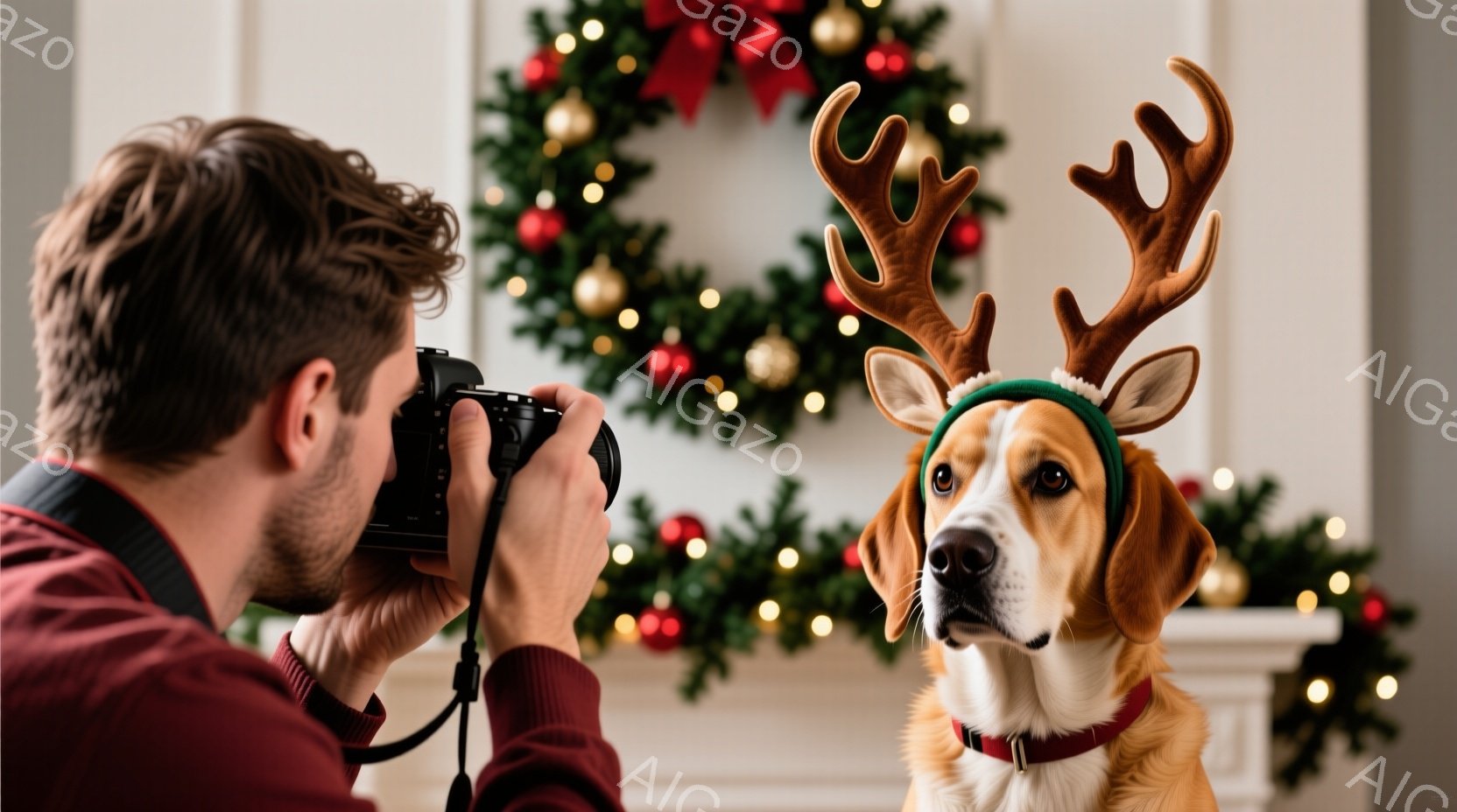 浅茶色の毛並みのビーグル犬が、頭にトナカイの角をつけた状態で正面を見つめています。背景にはクリスマスリースが飾られた暖炉があり、男性が犬を写真に収めようとしています。全体的に暖かく、遊び心のあるクリスマスの雰囲気が漂っています。