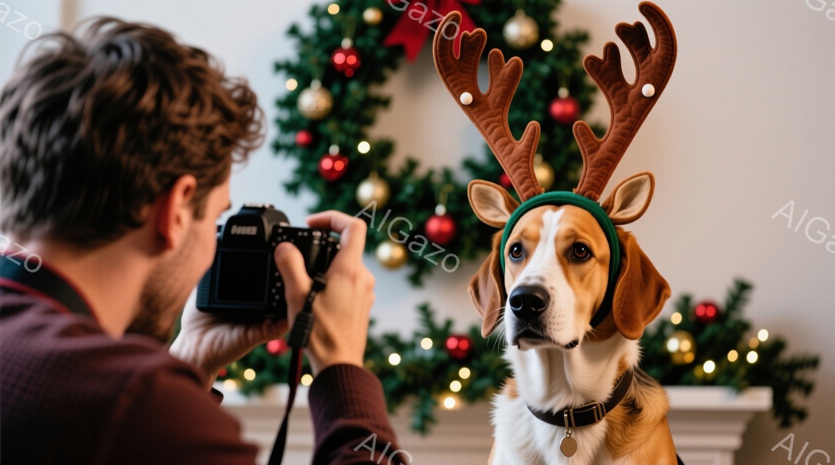 一人の男性が犬を写真に収めようとしています。男性は紫色のセーターを着ており、犬はクリスマス風の角のついたヘッドバンドを付けています。背景には、クリスマスツリーの飾りが散りばめられた暖かい雰囲気の室内が見えます。