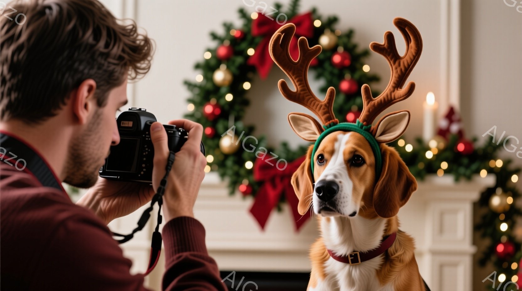 暖炉の前に座るビーグル犬が、クリスマス風の角の頭飾りを付けてカメラに向かって正面を見ている。背景にはクリスマスリースやキラキラした装飾が飾られており、撮影者は赤いジャケットを着て犬を写真に収めている。 全体的に温かく、お祝いムードに満ちたクリスマスの雰囲気が漂っている。