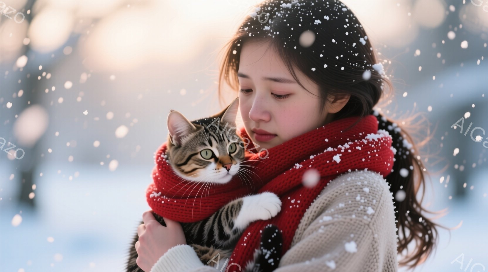 長い髪を後ろで一つに結んだ若い女性が、縞模様の猫を抱きしめています。彼女はベージュのセーターを着ており、鮮やかな赤いマフラーが猫と彼女の首を暖かく包み込んでいます。背景は雪景色で、雪が舞い降りており、全体的に暖かく穏やかな冬の雰囲気を醸し出しています。