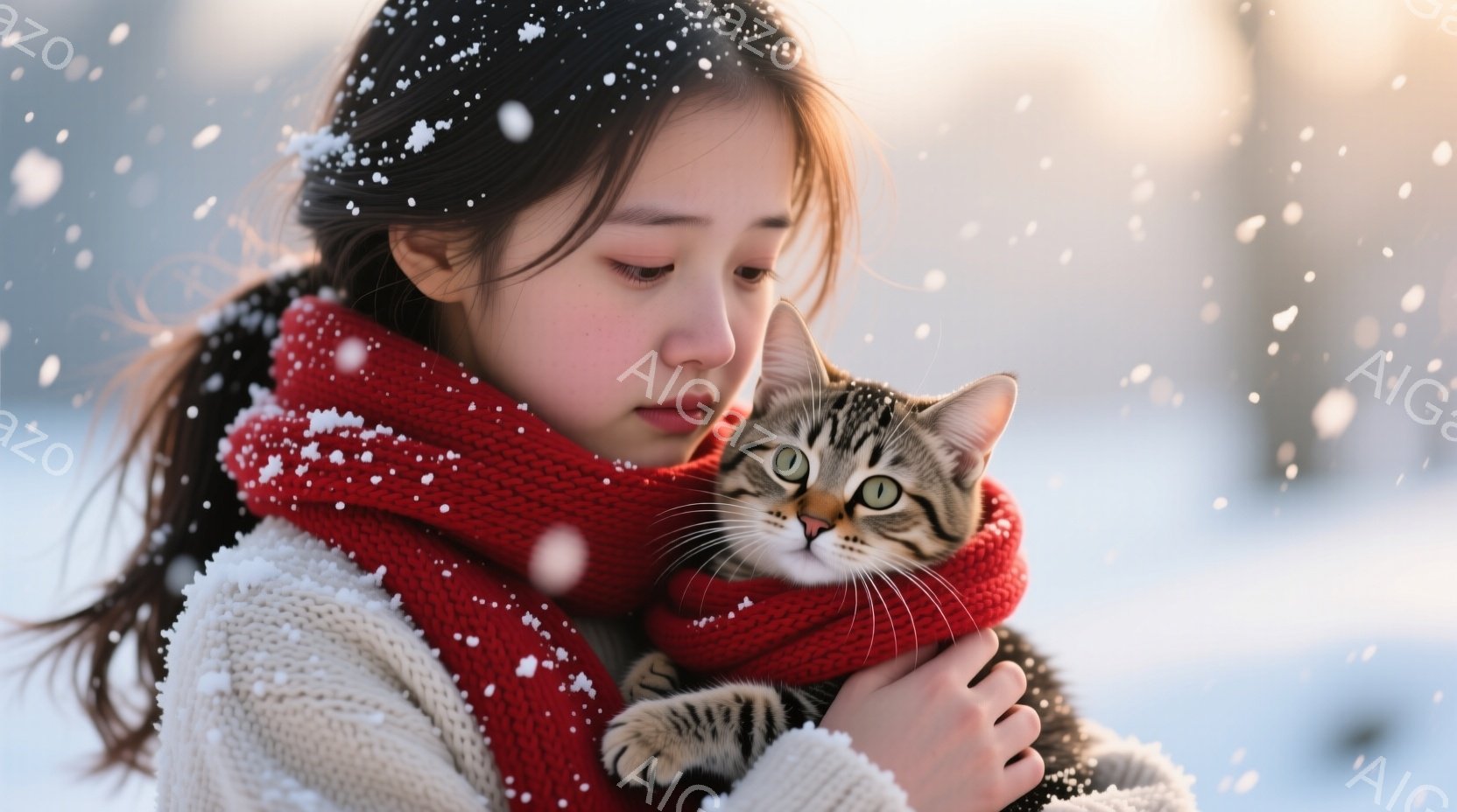 若い女性が、縞模様の猫を腕に抱きしめています。彼女は白いケーブルニットセーターと赤いニットの大きなマフラーを着ており、長い黒髪は肩から伸びています。背景は雪景色で、全体的に穏やかで温かい雰囲気です。