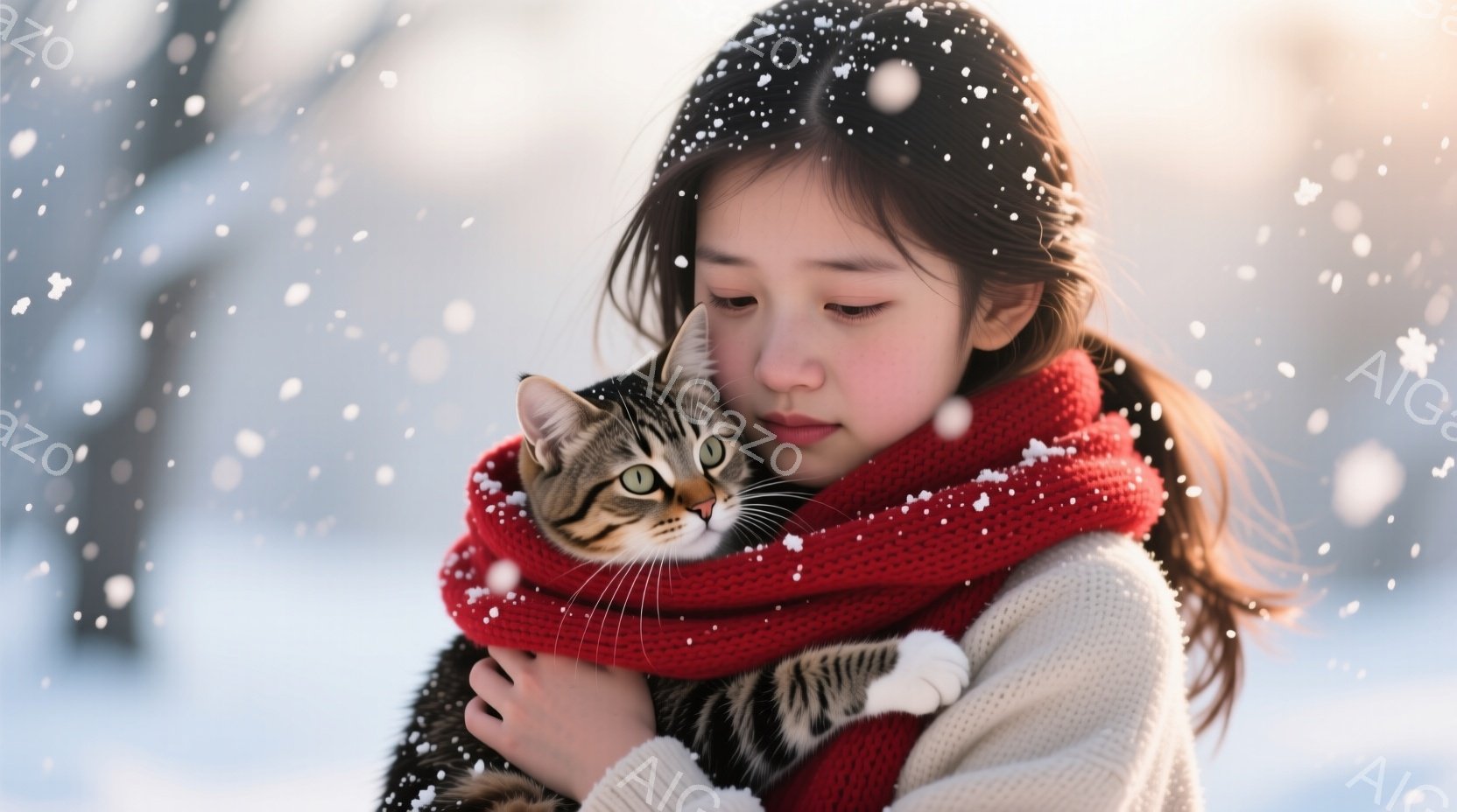 若い女性が、縞模様の猫を腕に抱きしめています。彼女は白いセーターと赤いマフラーを身につけ、髪は長く、少し緩く結ばれています。背景は雪景色で、光が差し込み、穏やかで優しい雰囲気を醸し出しています。