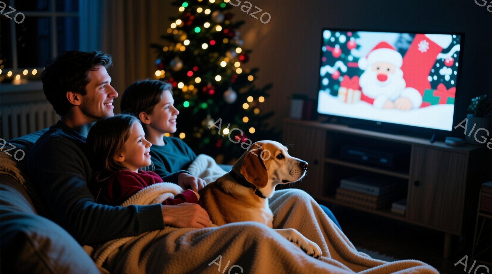 暖炉のあるリビングで、家族がソファーに座り、テレビを見ています。父親は短髪で、赤いセーターを着ています。小さな女の子は赤い服を着ており、大きな犬が彼女の隣に座っています。