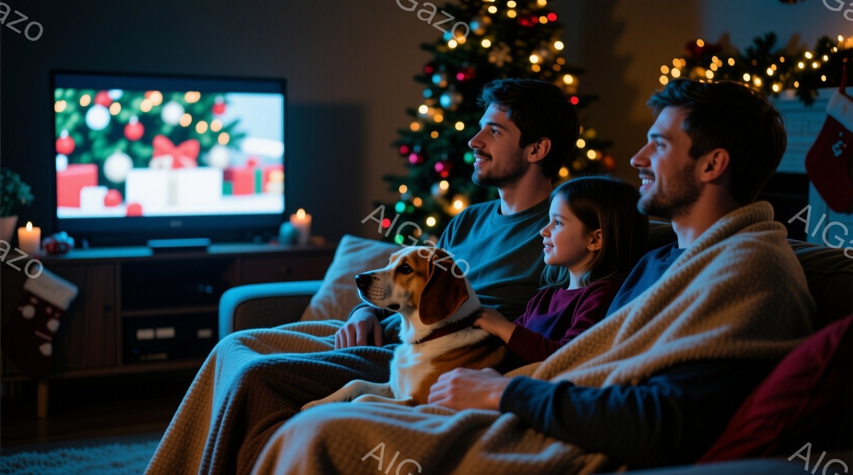 暖炉の前に座っている父と娘が、温かい毛布にくるまりながらテレビを見ています。父は短髪で髭を生やしており、娘は長い髪で微笑んでいます。背景には、クリスマスツリーが飾られ、暖炉の光が室内を照らし、家族団らんの温かい雰囲気が漂っています。