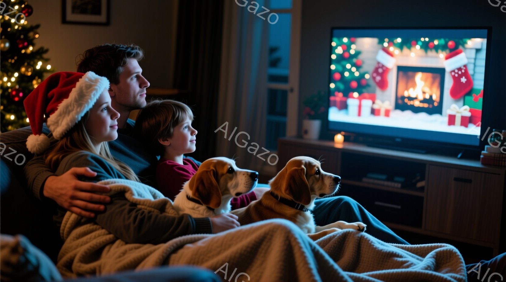 暖炉が映し出されたテレビ画面を、家族と2匹のビーグル犬が食い入るように見つめている。母親はサンタの帽子をかぶり、息子は赤いセーターを着ており、全員が毛布にくるまってリラックスした様子だ。背景にはクリスマスツリーが飾られており、暖かく家庭的なクリスマスの雰囲気が漂っている。