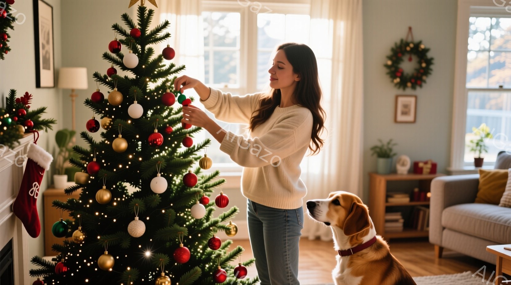室内で若い女性がクリスマスツリーを飾り付けている様子が描かれています。彼女は白いセーターとジーンズ姿で、笑顔を見せながらオーナメントを取り付けています。背景には、ソファや植物、そして窓から差し込む光があり、暖かく穏やかなクリスマスの雰囲気が漂っています。
