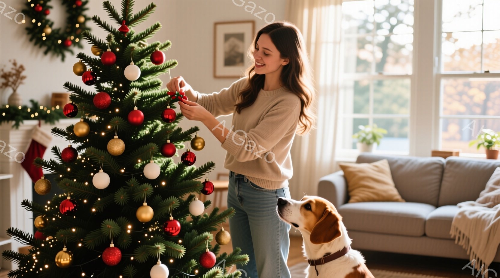 クリスマスツリーの飾り付けをする女性が写っています。彼女はベージュ色のセーターとジーンズを身につけ、髪を自然なウェーブにしています。愛犬が彼女の足元で座っており、優しい光が差し込むリビングは暖かく、お祝いの雰囲気に満ちています。