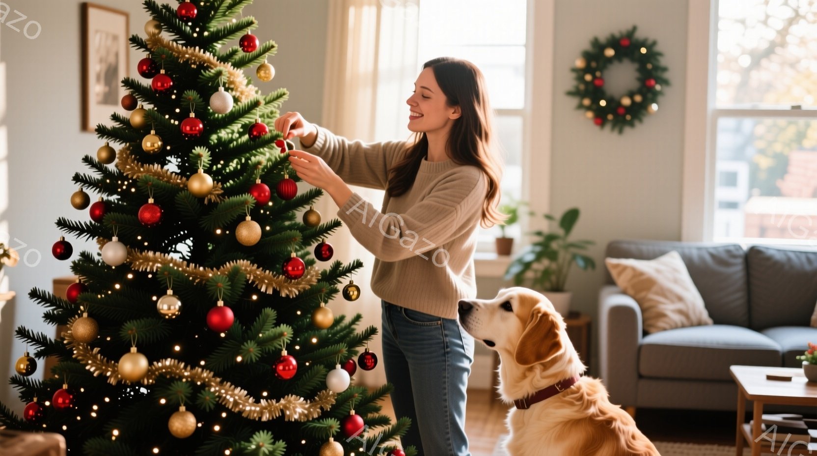 部屋の中で女性がクリスマスツリーを飾り付けている様子が写っている。彼女はベージュ色のセーターとジーンズを着用し、長い髪を自然に下ろしている。ツリーの下にはゴールデンレトリバーが座り、女性を見上げている様子が暖かく、家庭的な雰囲気を醸し出している。