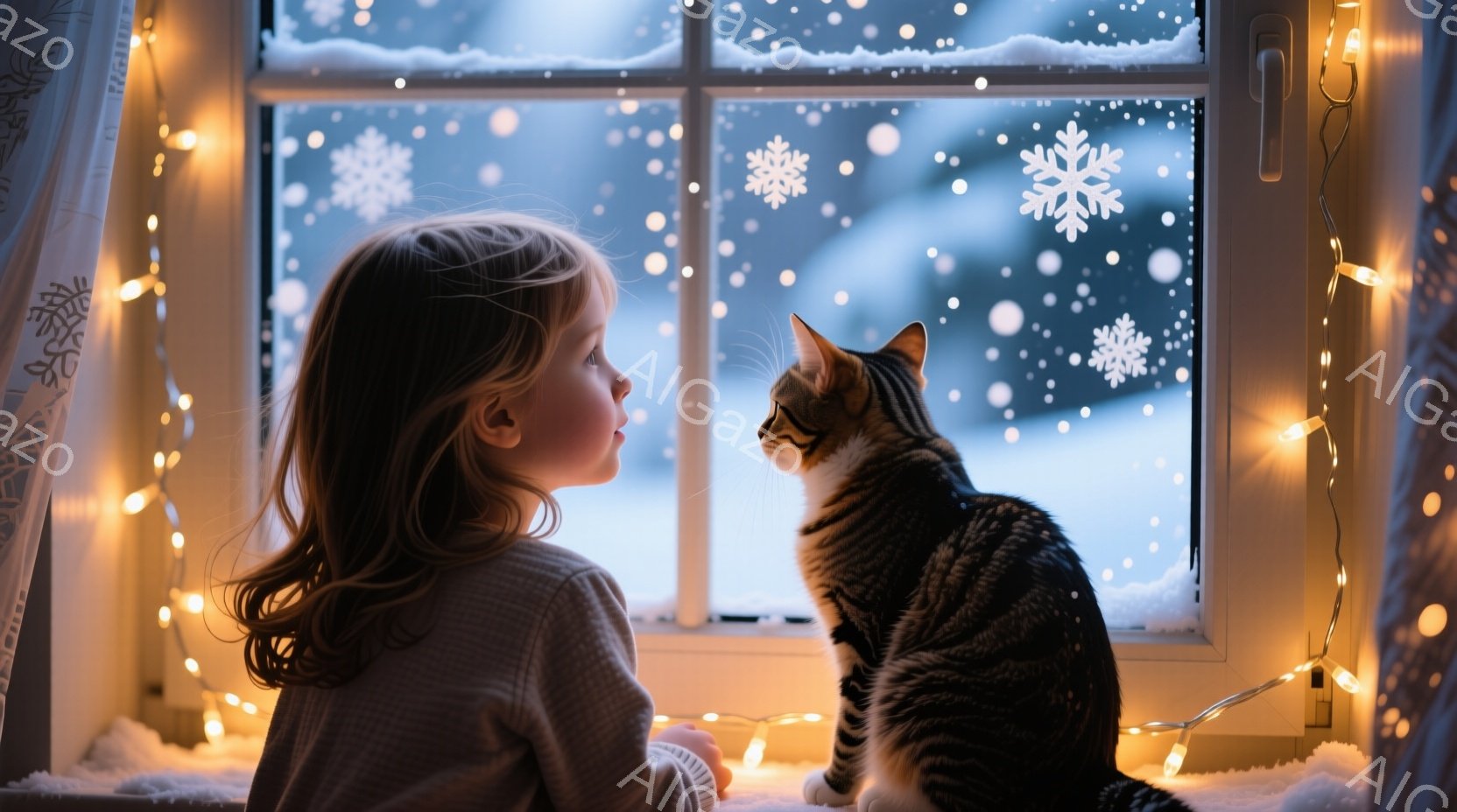 茶色の髪の少女が窓の外の雪景色を眺めています。彼女はグレーのセーターを着ており、姿勢はリラックスしています。窓辺には暖かい光を放つイルミネーションが飾られ、背景には雪が降り積もる冬景色が広がっています - AI生成フリー素材