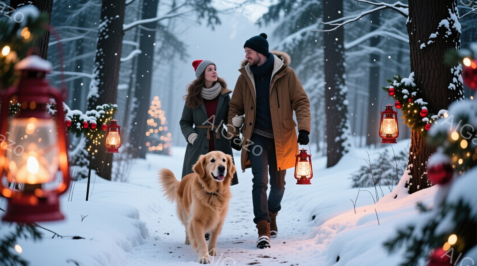 雪景色の中、若い男女が犬と一緒に歩いている。女性は赤いニット帽とベージュのコートを着ており、男性は黒いニット帽と茶色のコートを着用し、それぞれ手に提灯を持っている。背景には雪に覆われた木々と、クリスマスツリーのような装飾が施された木々があり、冬の暖かく穏やかな雰囲気を醸し出している。