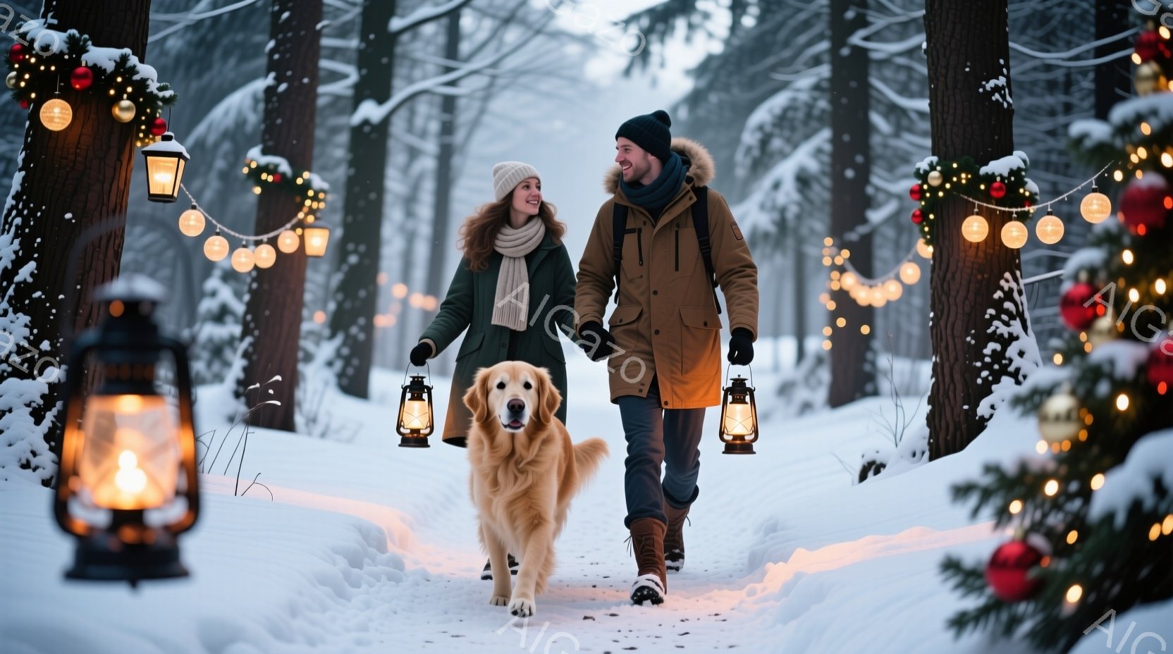 雪景色の中、若い男女がゴールデンレトリバーと共に歩いている。女性はニット帽をかぶり、緑のストールを巻いて、笑顔で前を見ている。男性はダークブラウンのジャケットを着て、同じように前方を向いており、背景にはクリスマス装飾が施された木々と、雪に覆われた森が広がっている。