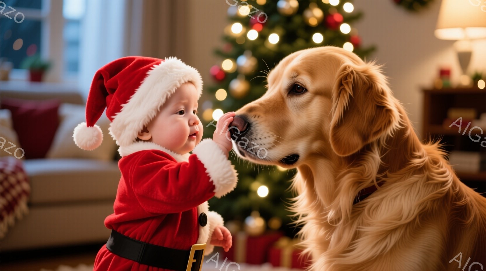 赤いサンタの衣装を着た幼い子供が、ゴールデンレトリバーの鼻に触れようとしています。子供は赤い帽子をかぶり、嬉しそうな表情を浮かべており、犬は穏やかな眼差しで子供を見つめています。背景にはクリスマスツリーが飾られ、プレゼントボックスが置かれており、温かく幸せなホリデーシーズンを象徴する雰囲気です。