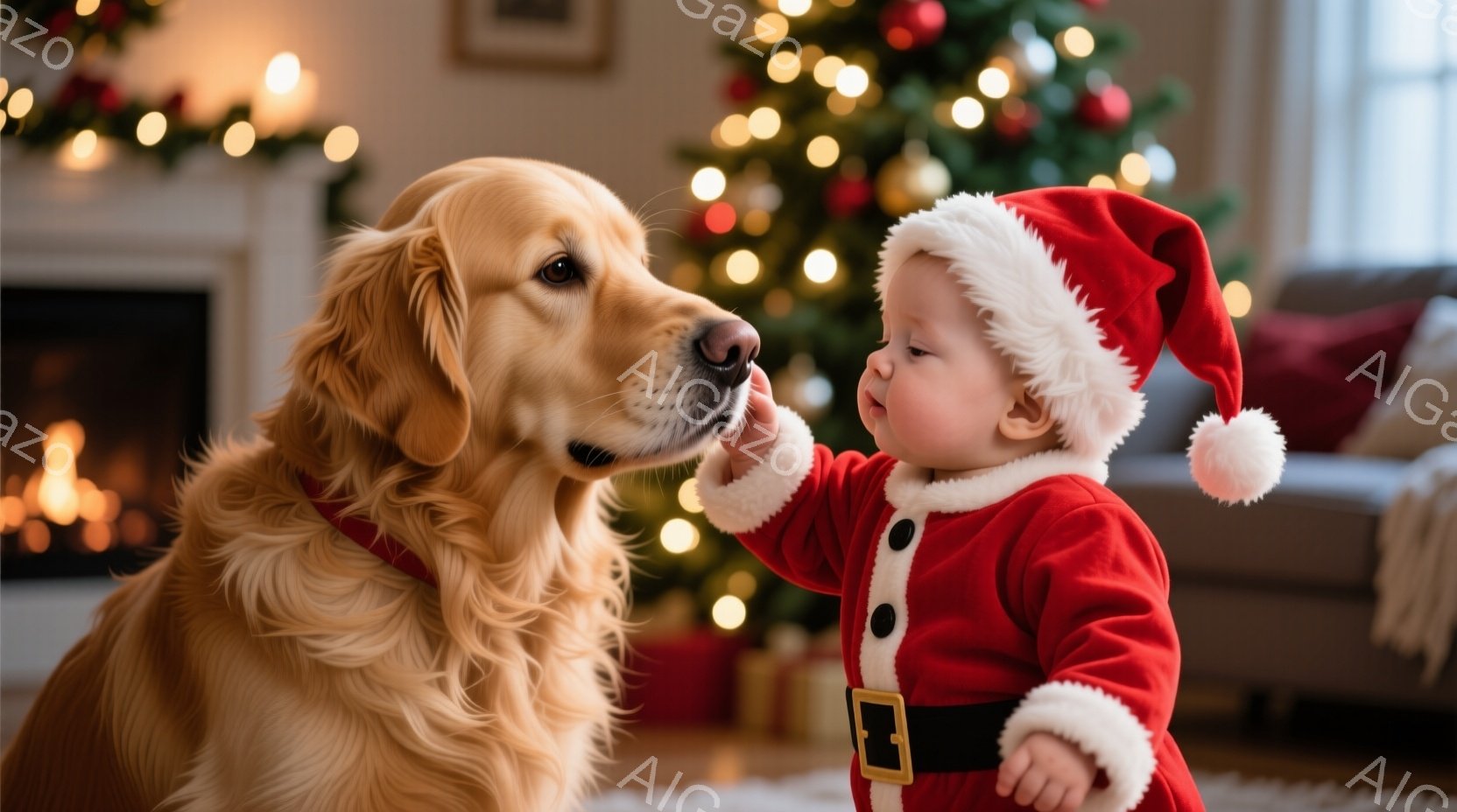 幼児はサンタクロースの衣装を着ており、赤い帽子と白い縁取りが特徴的です。幼児は犬の鼻先に指を伸ばし、優しい笑顔を見せています。背景にはクリスマスツリーが飾られ、暖炉の火が灯り、温かく幸せなクリスマスの雰囲気が漂っています。