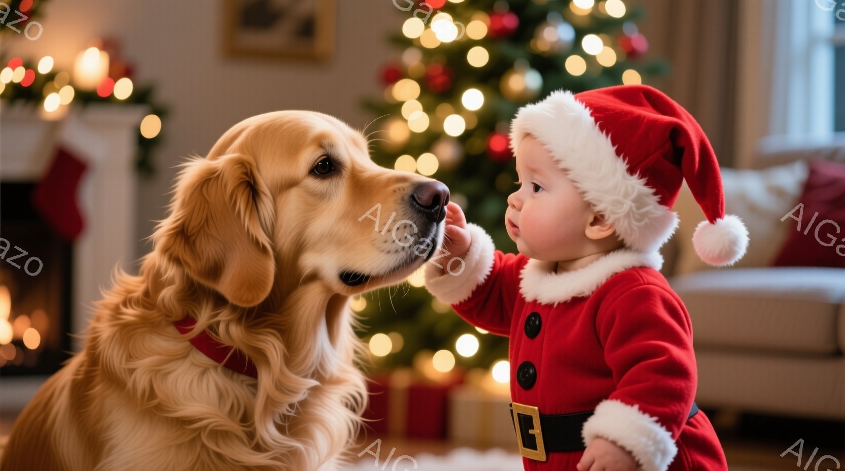 赤いサンタの衣装を着た幼児が、優しい表情でゴールデンレトリバーの鼻に触れようとしています。犬はリラックスした様子で、幼児を見つめており、背景にはクリスマスツリーやプレゼントが飾られた暖炉が見えます。全体的に、温かく、愛情に満ちたクリスマスの雰囲気が漂っています。