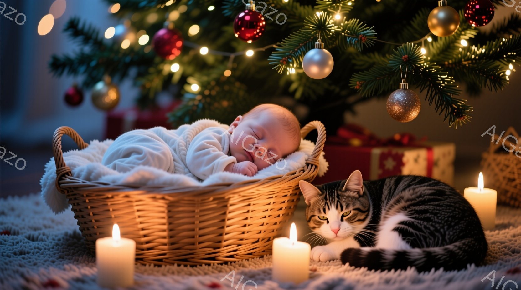 赤ちゃんはバスケットの中で眠っており、白いブランケットに包まれています。背景にはクリスマスツリーが飾られ、光り輝くオーナメントと電飾が暖かさを添えています。猫が赤ちゃんの隣で横たわり、周囲にはキャンドルが灯され、静かで穏やかなクリスマスの雰囲気を醸し出しています。