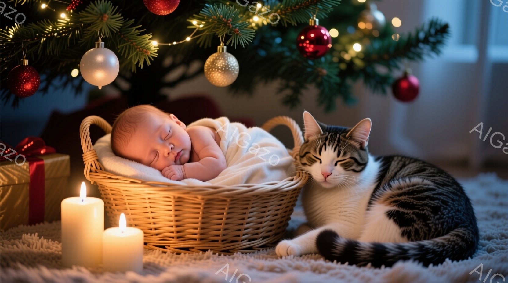 赤ちゃんは柔らかいブランケットに包まれ、編んだ籠の中で眠っています。隣には白と黒の縞模様の猫が横たわり、目を細めてリラックスした様子です。背景にはクリスマスツリーの飾りと、点灯したキャンドルがあり、暖かく穏やかなクリスマスの雰囲気を醸し出しています。