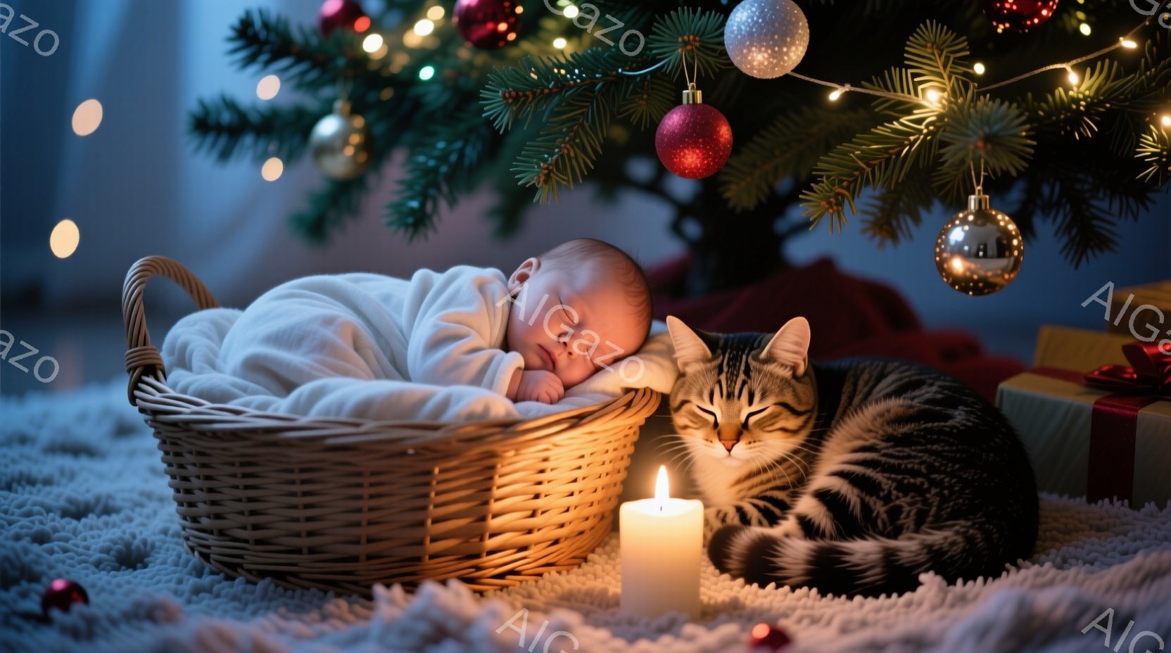 赤ちゃんはゆりかごのようなかごの中で、白い布にくるまって眠っています。そばには、同じように眠っている縞模様の猫が寄り添っています。背景にはクリスマスツリー、プレゼント、そして温かい光を放つキャンドルがあり、穏やかで心安らぐクリスマスの雰囲気を醸し出しています。