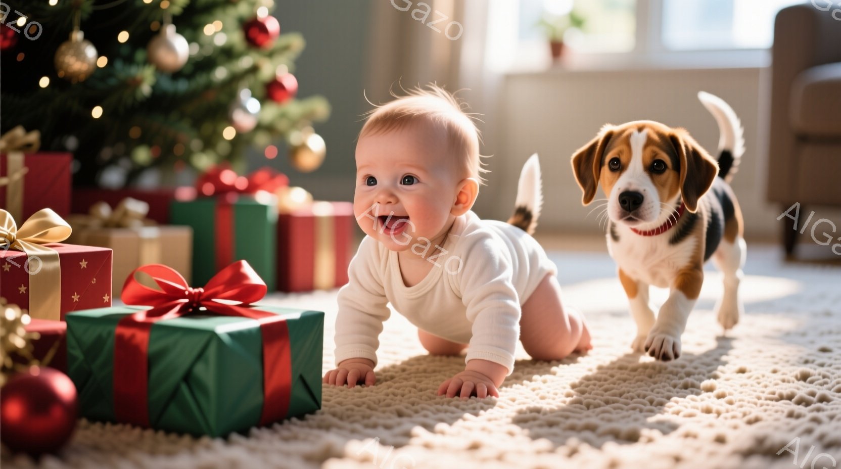 白いロンパースを着た赤ちゃんが、クリスマスプレゼントの箱の周りを這い回り、満面の笑顔を浮かべている。背景には、飾り付けられたクリスマスツリーと、緑と赤のプレゼントの山があり、暖かい雰囲気の室内で、茶色い子犬が好奇心旺盛にこちらを見ている。全体的に、幸福感溢れる、クリスマスの光景が表現されている。