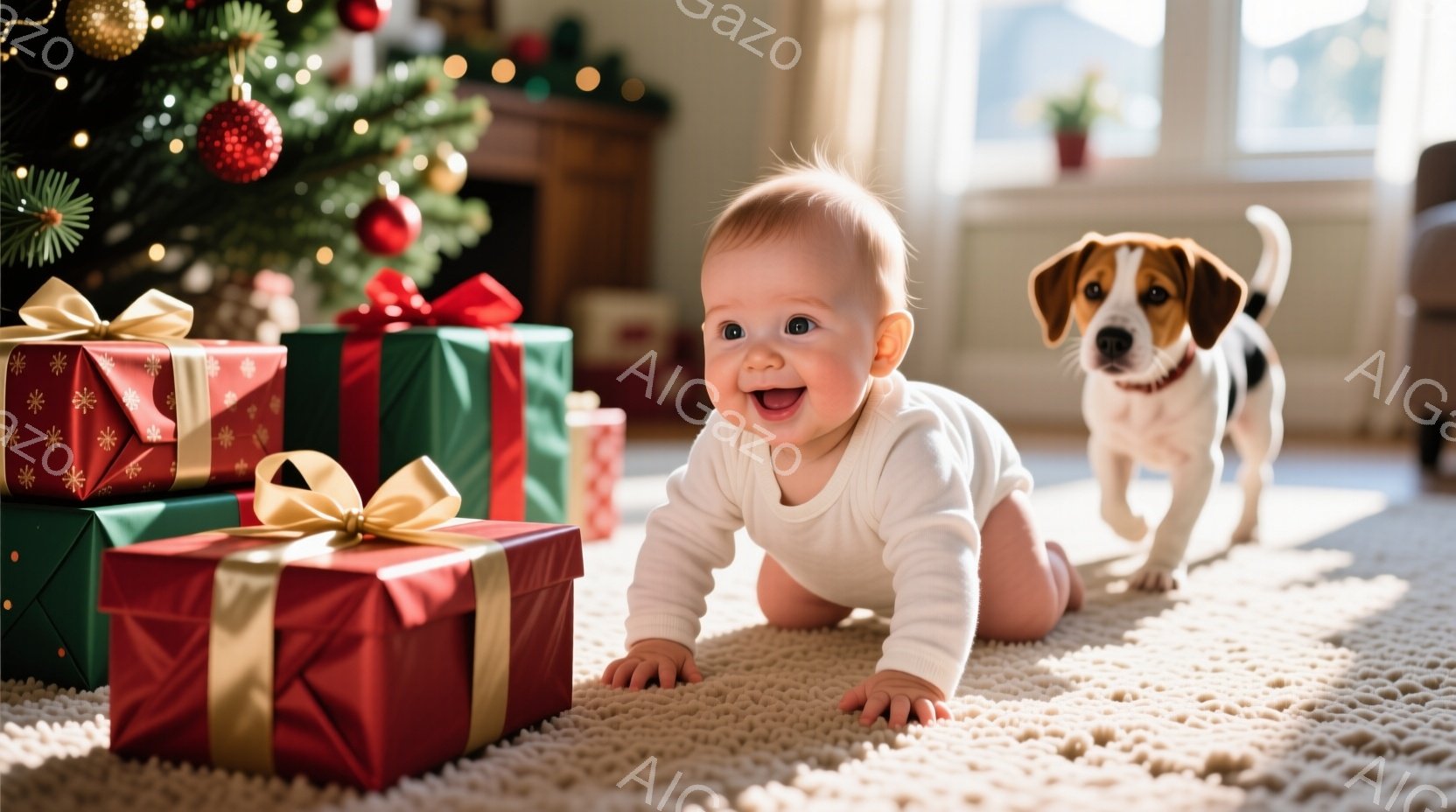 赤ちゃんがカーペットの上にうつ伏せになり、プレゼントの箱を見つめて笑っています。背景にはクリスマスツリーが飾られ、小さな犬が歩いており、温かく幸せな雰囲気が漂っています。赤ちゃんは白いロンパースを着ており、犬は茶色と白の毛並みで、どちらも明るく楽しそうに見えます。
