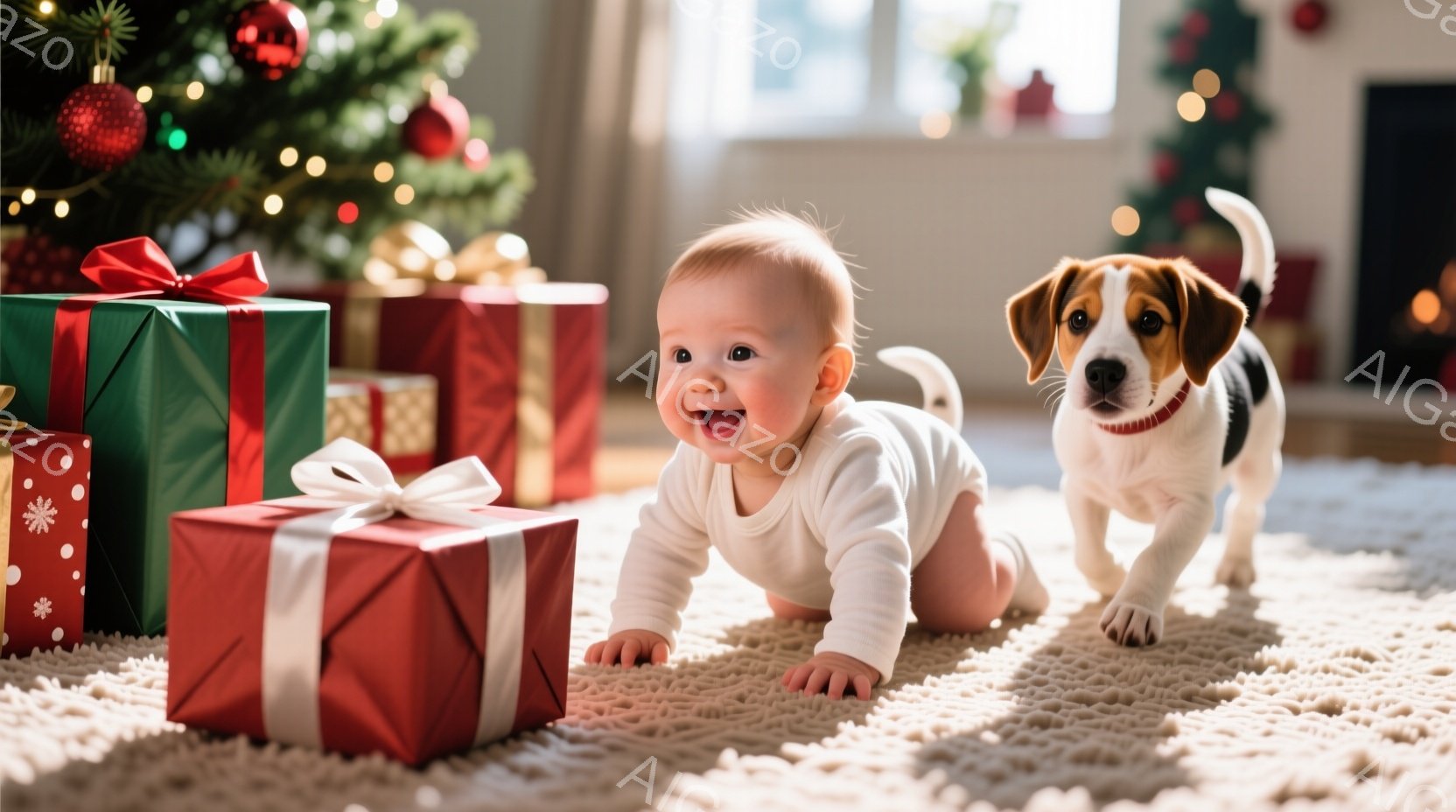 赤ちゃんがカーペットの上にうつ伏せになり、プレゼントの箱に向かって手を伸ばしています。赤ちゃんは白いロンパースを着て、笑顔で、周りには緑と赤のリボンで飾られたプレゼントの箱がいくつかあります。背景にはクリスマスツリーが光っており、温かく、幸せなクリスマスの雰囲気が漂っています。