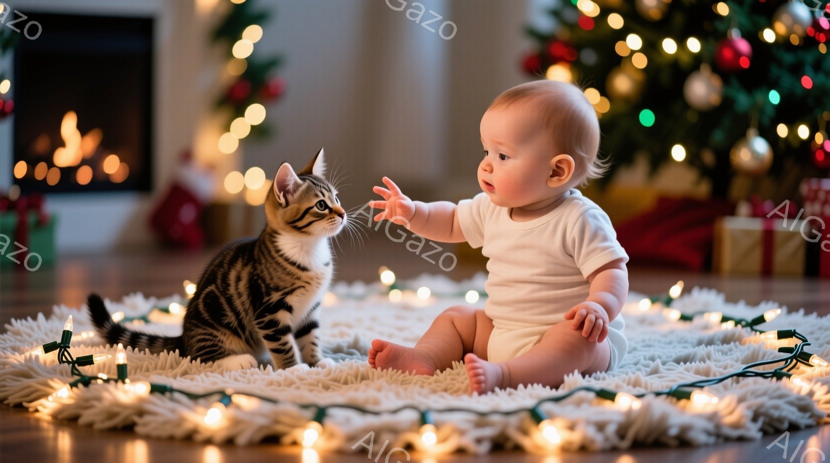 赤ちゃんが白いロンパースを着て床に座っており、小さな縞模様の猫に手を伸ばしています。背景には、飾られたクリスマスツリーとプレゼントの山があり、床にはキラキラと光るイルミネーションが広がっています。温かく、幸せな雰囲気で、クリスマスの季節の心地よさを感じさせます。