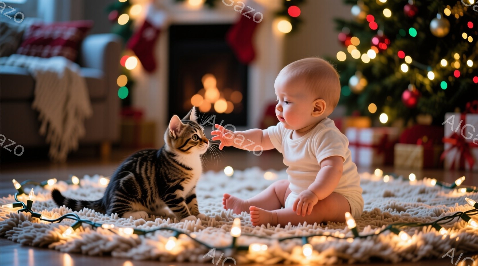 赤ちゃんがラグの上に座り、縞模様の猫に向かって手を伸ばしています。赤ちゃんは白いボディスーツを着ており、好奇心と遊び心に満ちた表情をしています。背景にはクリスマスツリーとプレゼント、暖炉があり、温かく穏やかなクリスマスの雰囲気が漂っています。