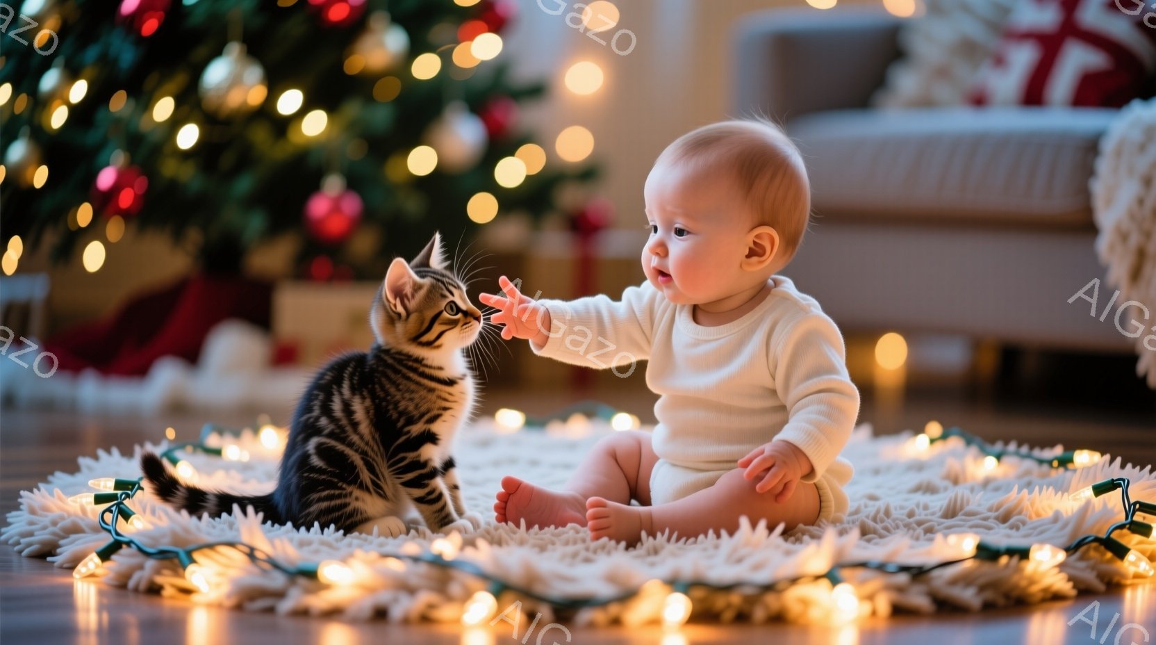 赤ちゃんが白のロンパースを着て、床に座って縞模様の子猫に手を伸ばしています。背景には、ぼやけたクリスマスツリーと、床に敷かれた光る電飾が見えます。暖かく、穏やかで、遊び心のある雰囲気が漂っています。