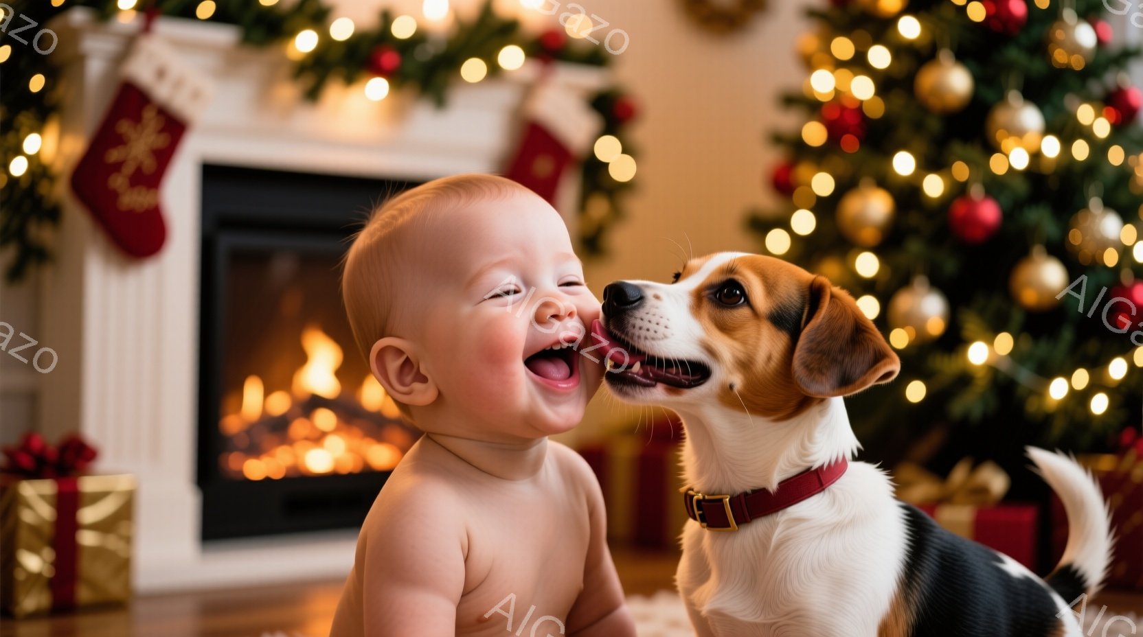 赤ちゃんは上半身裸で、大きく口を開けて笑っています。そばのビーグル犬は、赤ちゃんの頬に鼻を近づけ、まるでキスをしているかのような様子です。背景にはクリスマスツリーや暖炉が見え、プレゼントの箱も置かれ、温かく幸せなクリスマスの雰囲気が漂っています。