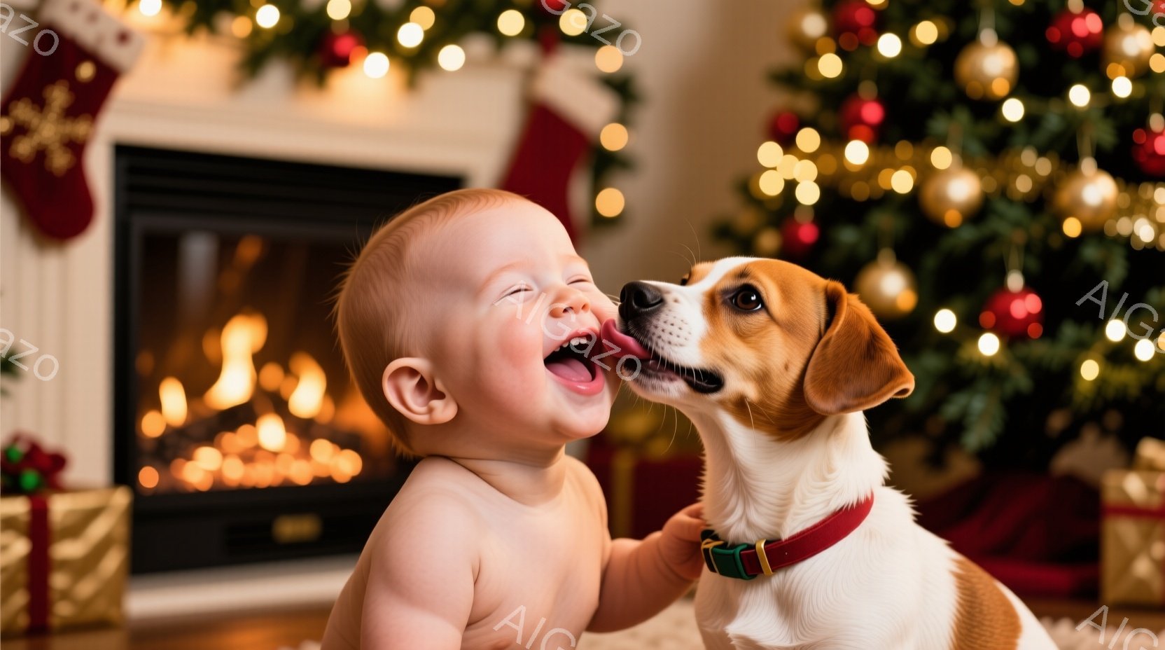 幼い赤ん坊が満面の笑みを浮かべ、ジャックラッセルテリアがその顔を舐めています。背景にはクリスマスツリーが飾られ、暖炉の火が暖かさを添えています。全体的に、温かく、幸せな、家族の愛情に満ちたクリスマスの雰囲気が漂っています。
