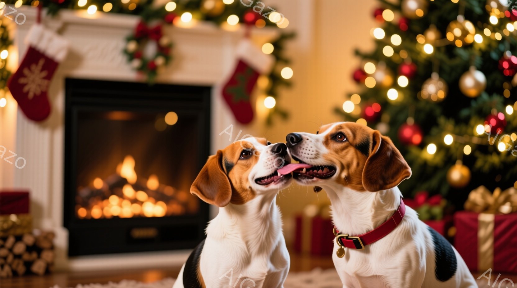 二匹のビーグル犬が互いに鼻を合わせ、愛情を表現しています。クリスマスツリーと暖炉が背景にあり、プレゼントの箱が周囲に置かれ、温かくお祝いムードの室内でリラックスした雰囲気が漂っています。犬たちは赤い首輪を付けており、暖炉の火とツリーの光が、部屋全体を暖かく照らしています。