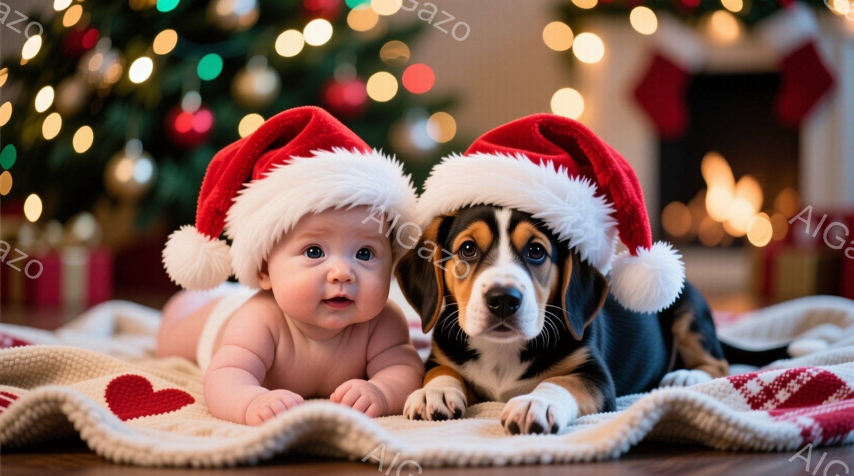 赤ちゃんとおしゃべりな子犬が、クリスマスの毛糸のブランケットの上に横たわっています。どちらも赤いサンタの帽子をかぶっており、赤ちゃんは青い目を輝かせ、子犬は穏やかな表情をしています。背景にはぼやけたクリスマスツリーと暖炉があり、温かく幸せなホリデーの雰囲気を醸し出しています。