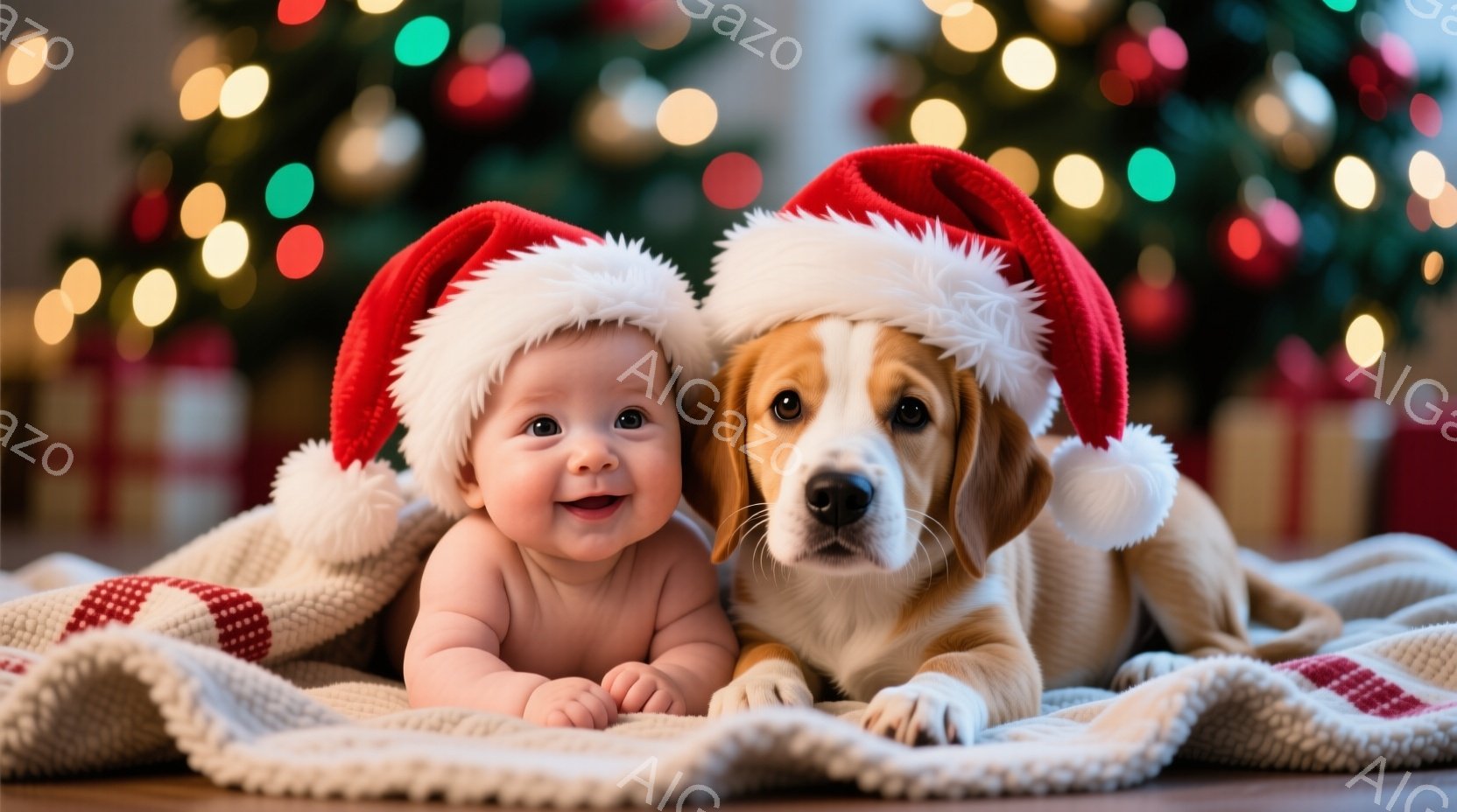 赤ちゃんがサンタ帽をかぶり、笑顔でカメラを見ています。隣には同じようにサンタ帽をかぶった犬が寄り添い、リラックスした様子で横たわっています。背景には、ぼやけたクリスマスツリーとプレゼントがあり、暖かく幸せな雰囲気が漂っています。