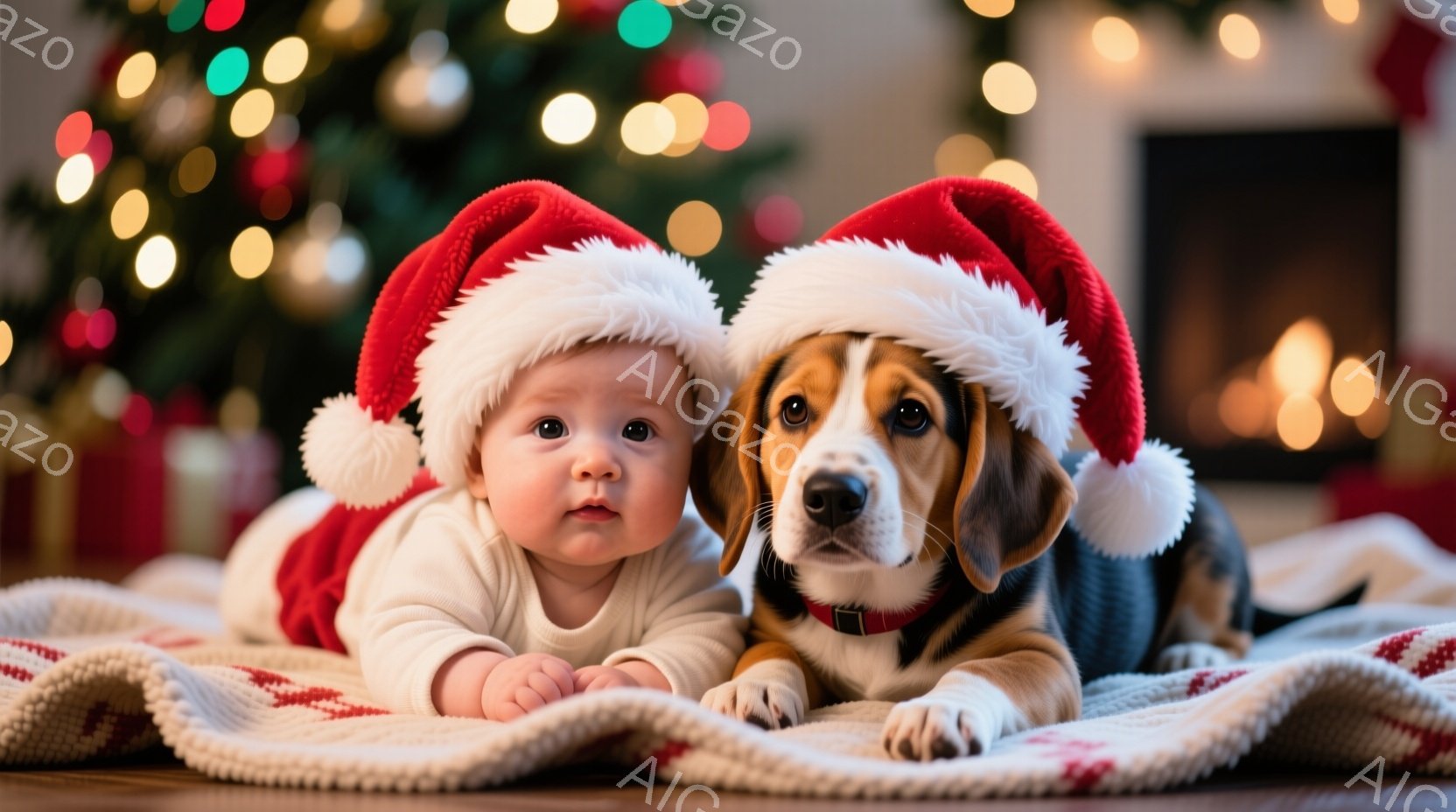 赤ちゃんとおそらくビーグルの子犬が、赤いサンタ帽をかぶって、赤い模様の毛布の上に横たわっています。赤ちゃんの表情は穏やかで、子犬は前足を伸ばしてリラックスした様子です。背景にはぼやけたクリスマスツリー - AI生成フリー素材