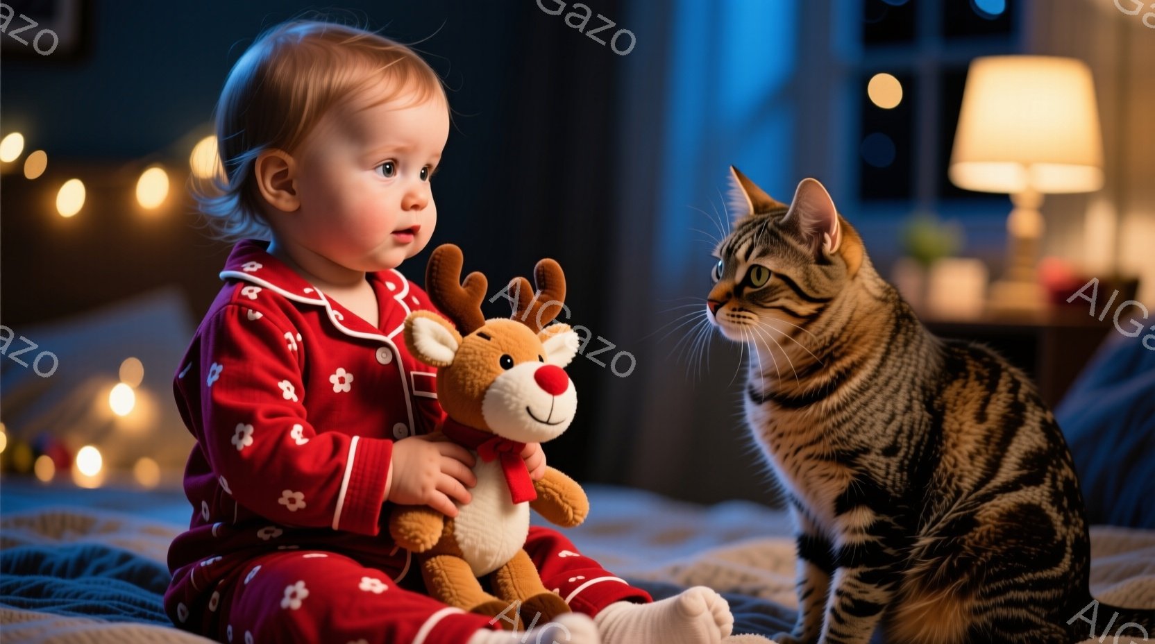 赤い花柄のパジャマを着た幼い少女が、小さなトナカイのぬいぐるみを抱えています。彼女は少し驚いた表情で、横に座る縞模様の猫を見つめています。背景はぼやけており、温かい光のストリングライトが飾られたベッドルームのようであり、全体的に穏やかで愛情のある雰囲気が漂っています。
