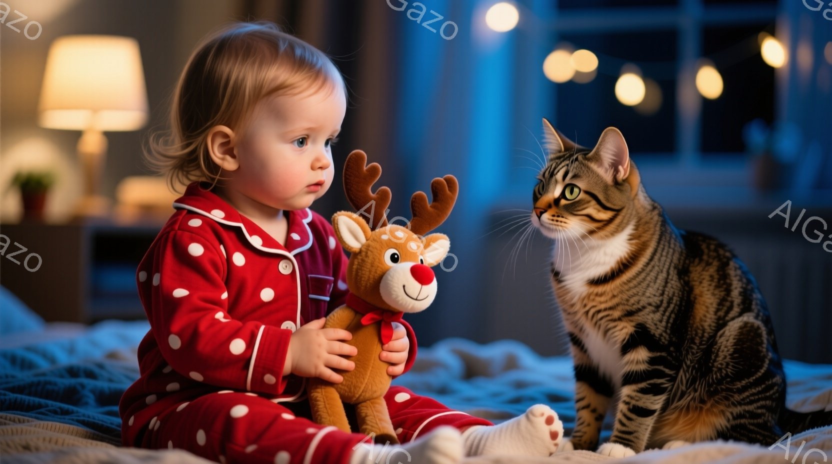 赤い水玉模様のパジャマを着た幼い女の子が、茶色のトナカイのぬいぐるみを持っています。彼女は好奇心と少し不安そうな表情で、横に座っている縞模様の猫を見つめています。背景にはベッドと間接照明が見え、暖かく穏やかな家庭的な雰囲気を感じさせます。