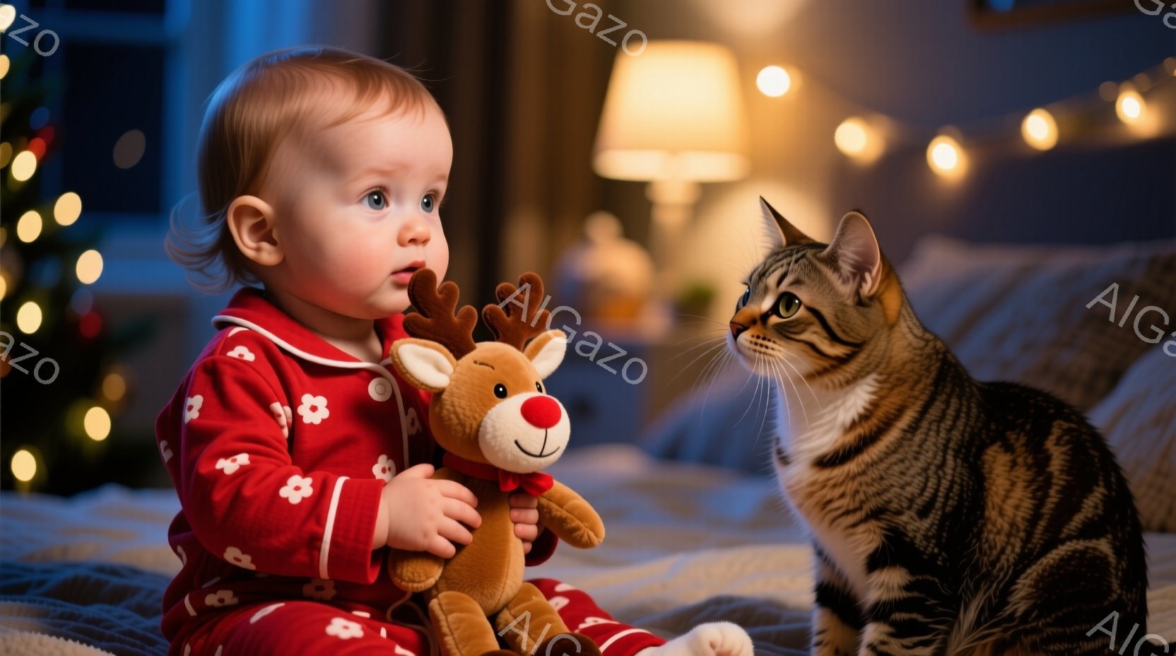 赤い花柄のパジャマを着た幼い女の子が、小さなトナカイのぬいぐるみを抱きかかえています。彼女は好奇心と少しの困惑が入り混じった表情で、縞模様の猫を見つめており、猫もまた彼女をじっと見つめ返しています。背景にはぼやけたクリスマスツリーと暖かい光があり、穏やかで親密な雰囲気を醸し出しています。