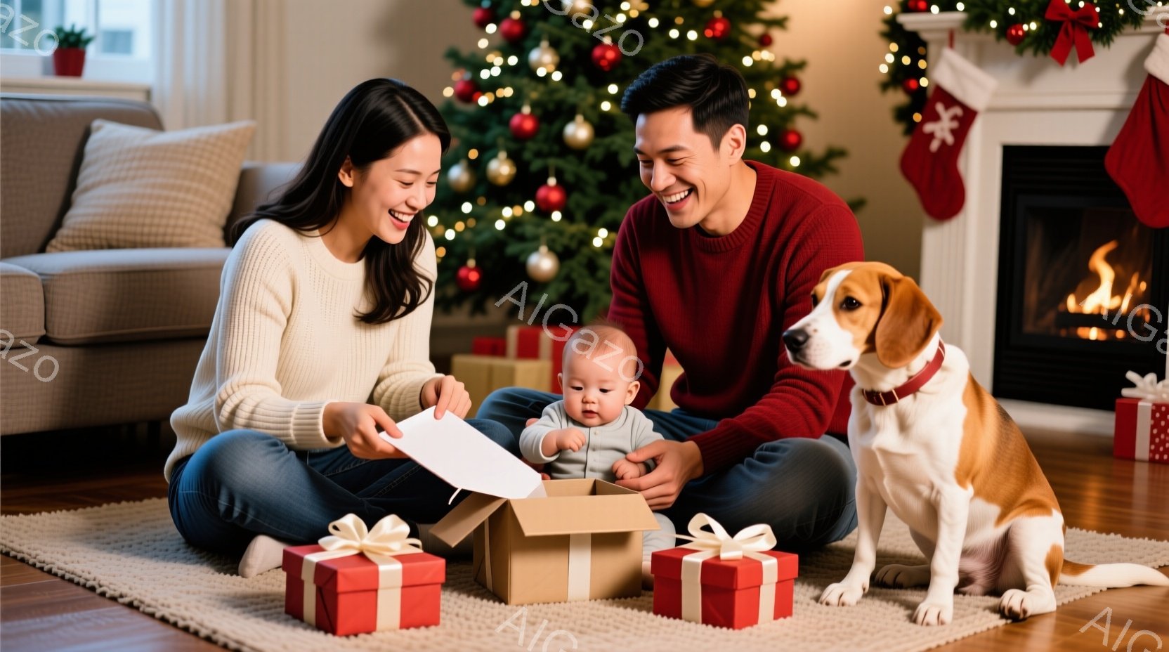 家族がクリスマスツリーの前に座ってプレゼントを開けている様子が描かれています。母親はクリーム色のセーターを着ており、微笑みながら手紙を読んでいます。父親は赤いセーターを着ており、赤ちゃんの世話をしながら幸せそうに微笑んでいます。背景にはキラキラ光るクリスマスツリーと暖炉があり、温かく幸せな雰囲気が漂っています。