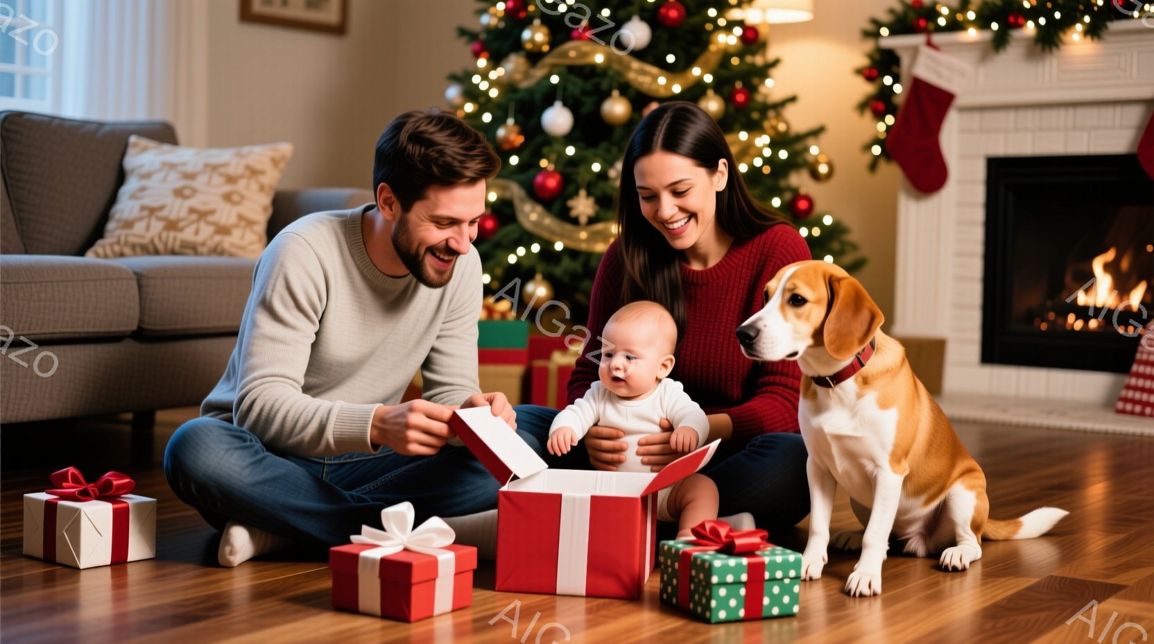 暖炉のあるリビングで、若い夫婦と幼い子供、そして犬がプレゼントを開けている様子が描かれています。夫は髭を生やし、ニットを着て笑顔でプレゼントの箱を開けようとしており、妻は長い髪を後ろにまとめ、同じように笑顔でそれを見守っています。背景にはクリスマスツリーが飾られ、赤いギフトボックスがいくつか置かれており、温かく幸せなクリスマスの雰囲気が漂っています。