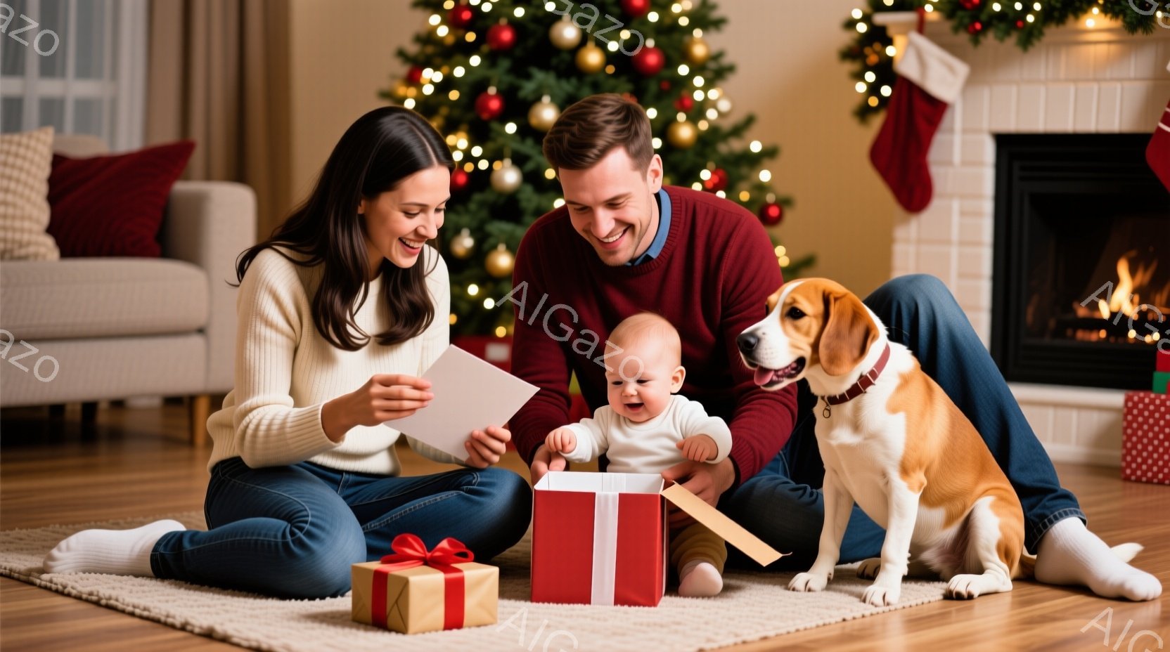 暖炉のあるリビングで、若い夫婦と幼児、そして犬がプレゼントを開けている様子が描かれています。女性は白いセーターとジーンズ姿で、プレゼントのカードを読んで微笑んでいます。幼児は白いロンパースを着て、赤いプレゼントボックスに興味津々で手を伸ばし、茶色のビーグル犬が隣で座って楽しそうに見守っています。
