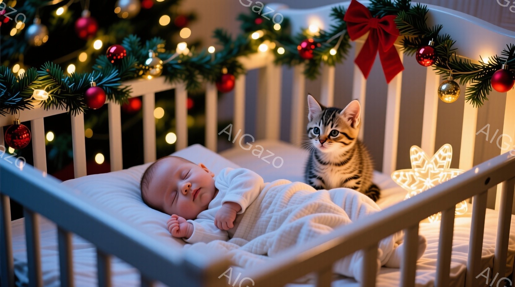 赤ちゃんは白いベビー服を着て、白いブランケットに包まれてベビーベッドの中で眠っています。ベッドの柵には、クリスマスツリーの飾りと光る装飾が施されており、ベッドの端には縞模様の子猫が座ってこちらを見てい - AI生成フリー素材