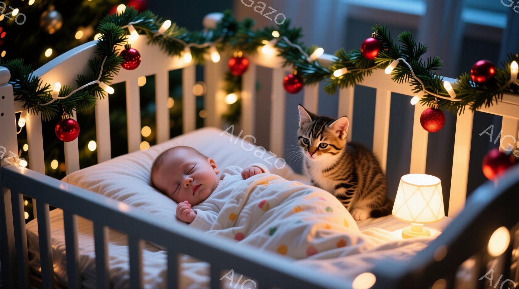 赤ちゃんは白いベビーベッドの中で眠っており、明るい模様のブランケットに包まれています。ベッドの柵にはクリスマスツリーの飾りと電飾が飾られ、ベッドの端には小さなランプが置かれています。背景にはぼやけたクリスマスツリーが見え、暖かく穏やかな雰囲気を醸し出しています。