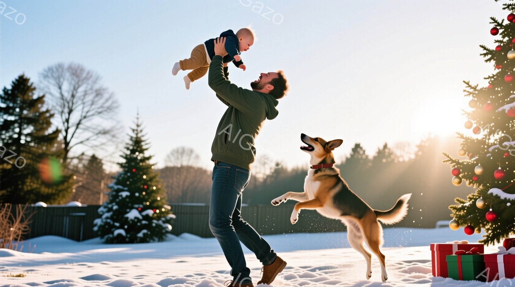 雪景色の中で、父親が幼い子供を高く掲げ、楽しそうに笑っています。茶色の毛並みを持つ犬が嬉しそうに飛び跳ね、その様子は喜びにあふれています。背景には雪に覆われた木々やフェンス、そしてクリスマスツリーとプレゼントが置かれた暖かな光景が広がっています。
