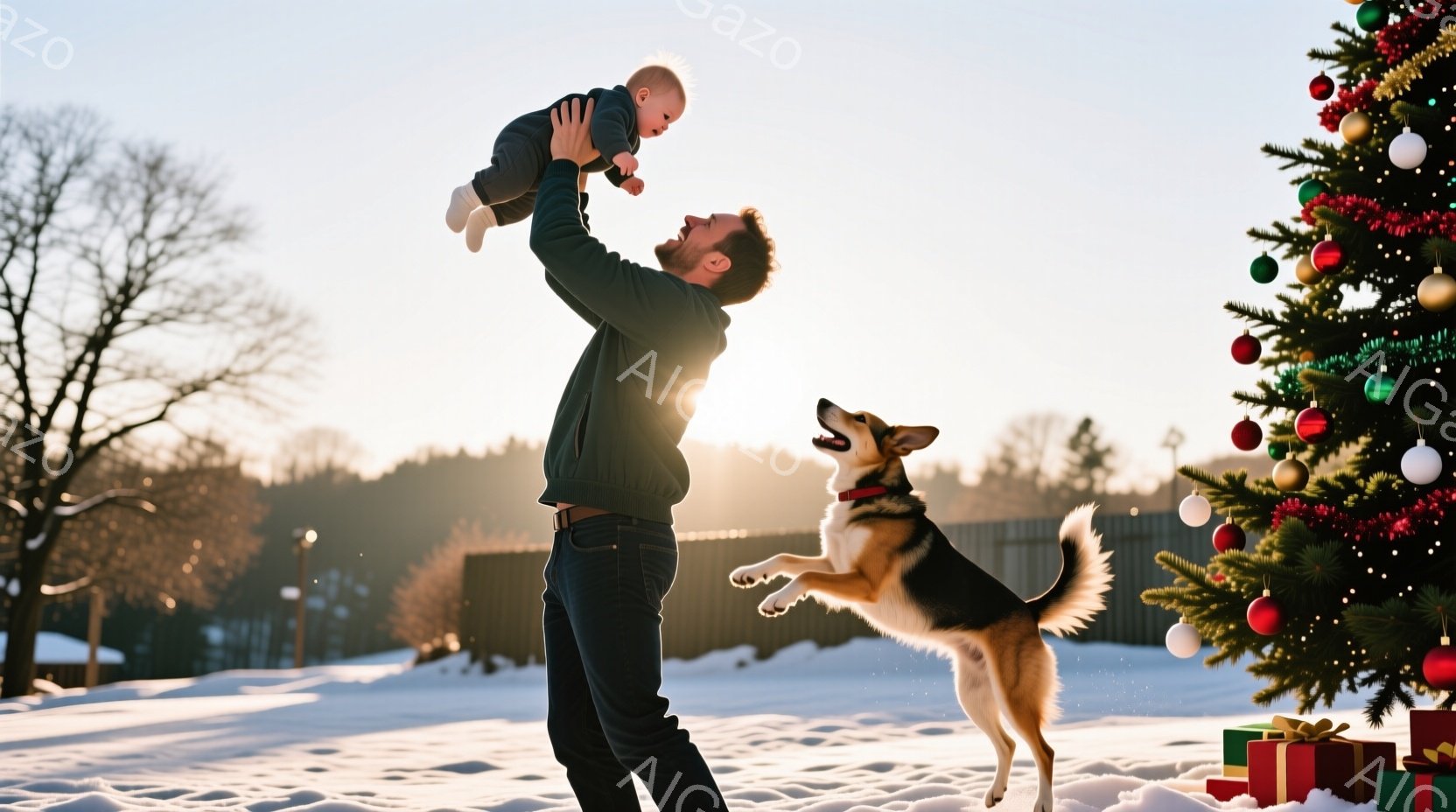 雪景色の中、父親が幼い子供を高く掲げ、嬉しそうに笑っています。隣には、興奮して飛び跳ねる黒と茶色の犬がおり、楽しげな雰囲気を盛り上げています。背景には木々やフェンスが見え、クリスマスの飾り付けがされたクリスマスツリーとプレゼントが置かれていることから、冬の祝祭の温かい瞬間であることがわかります。
