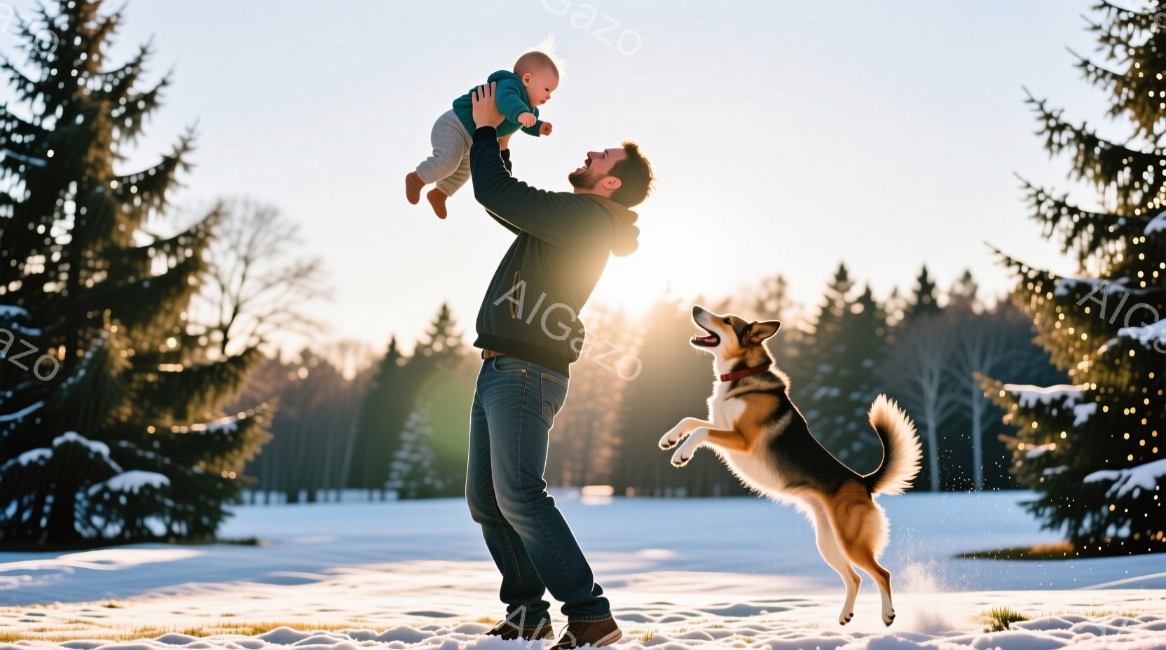 雪景色の中で、男が幼い子供を高く掲げています。男は黒のジャケットとジーンズを着ており、顎髭を生やしています。背景には雪に覆われた木々が広がり、元気な犬が飛び跳ねて遊んでいます。