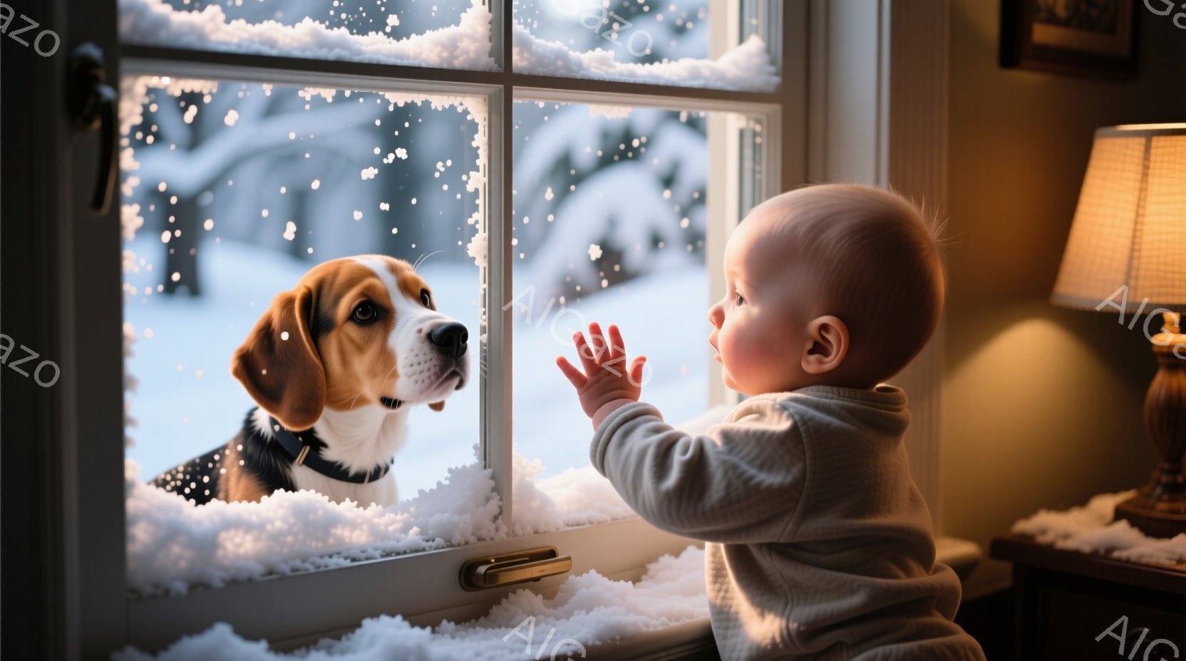 赤ちゃんは窓の外の雪景色を見つめ、手を伸ばして犬に触れようとしています。 暖かく柔らかなグレーのセーターを着ており、つむじから生えた金髪が可愛らしいです。 背景は雪に覆われた庭と家並みで、室内は暖かく穏やかな雰囲気が漂っています。