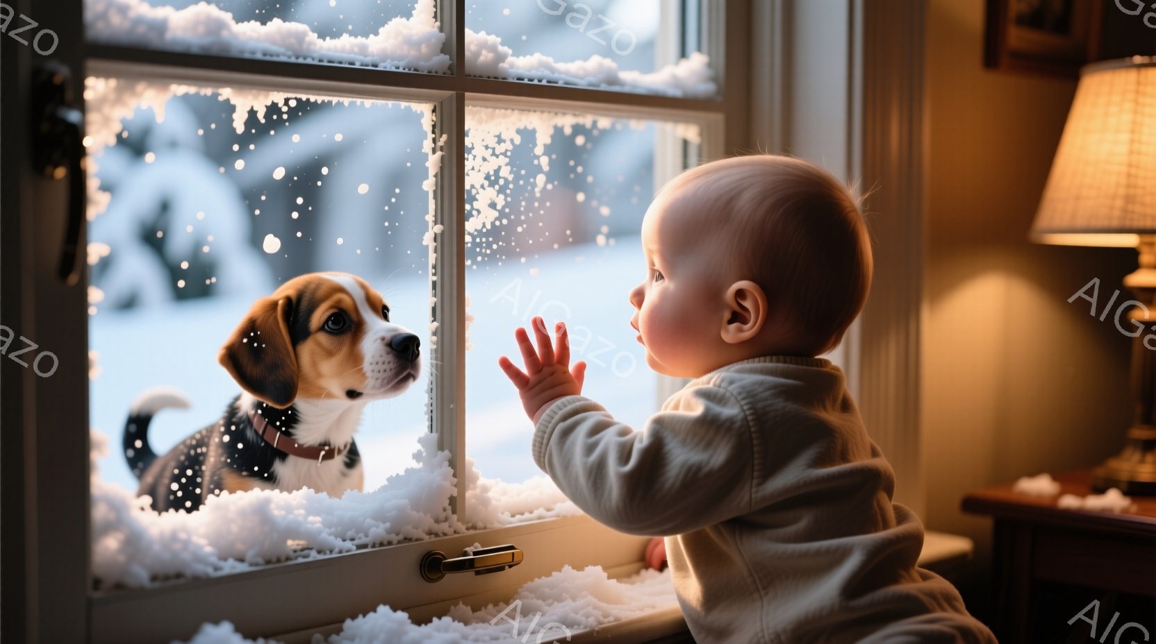 赤ちゃんが窓越しに小さな犬を見つめています。赤ちゃんはクリーム色のオーバーオールを着ており、驚いたような好奇心に満ちた表情で手を伸ばしています。窓の外は雪景色で、雪が降り積もり、暖かく安心感のある室内とのコントラストが印象的です。