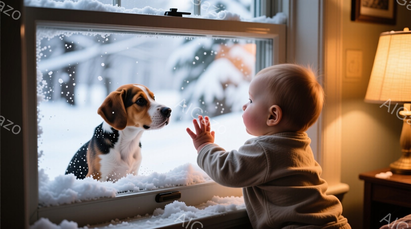 赤ちゃんが窓ガラス越しにビーグル犬を見つめています。赤ちゃんは薄茶色の長袖の服を着ており、窓枠に手を伸ばして、好奇心と喜びにあふれた表情をしています。外は雪が降り積もり、窓の外には白い景色が広がっており、暖かく穏やかな冬の日の雰囲気が漂っています。