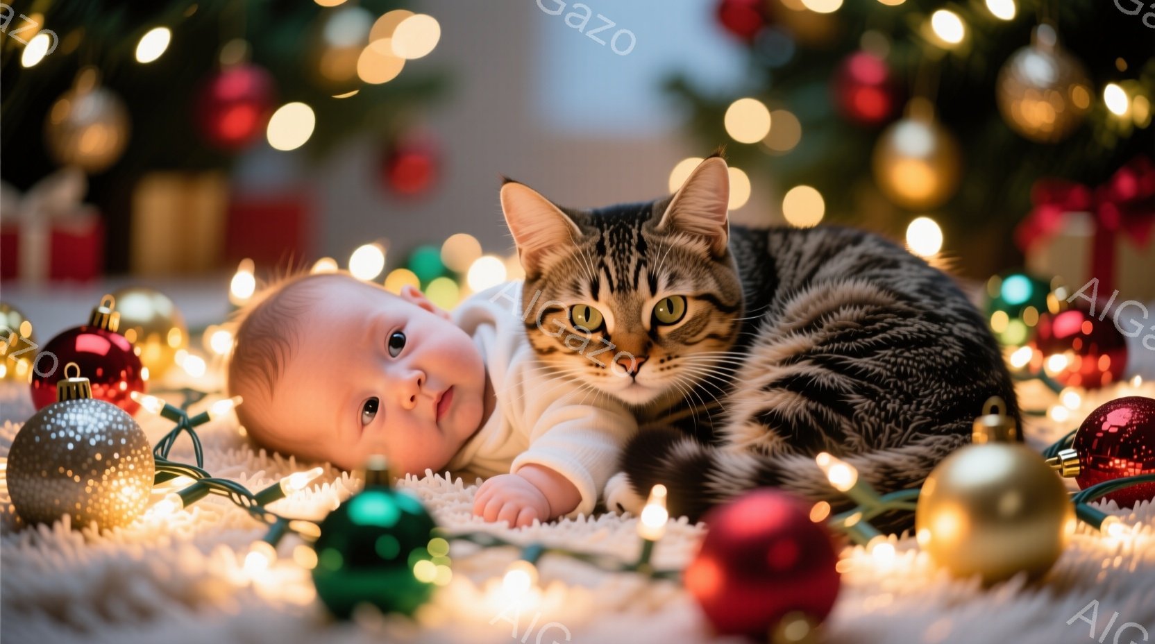 赤ちゃんがクリスマスツリーの足元で、縞模様の猫と並んで横たわっています。赤ちゃんは白い服を着ており、好奇心いっぱいの表情でカメラを見ています。背景にはキラキラと輝くクリスマスライトとオーナメントが散りばめられ、温かく穏やかな祝祭の雰囲気を醸し出しています。