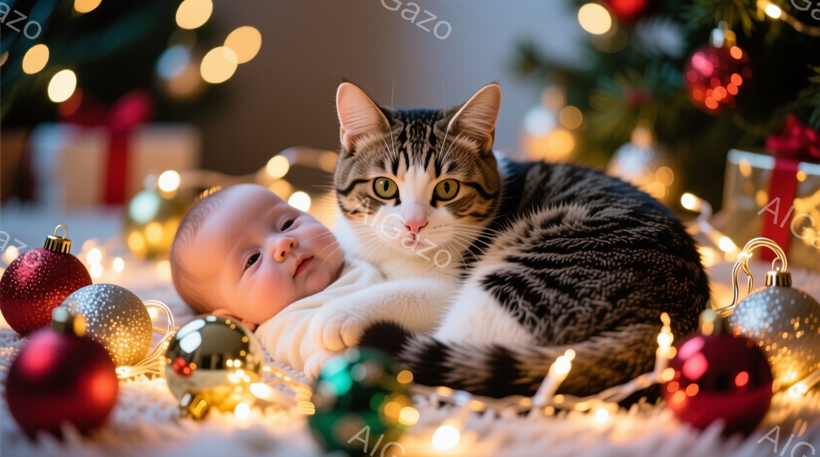 新生児は白い毛布の上に仰向けに寝ており、黒と白の縞模様の猫が寄り添っています。赤ちゃんの顔は穏やかで、目は大きく開いています。背景にはクリスマスツリーのぼかしと、赤、金、緑のクリスマスオーナメントが散りばめられており、温かくお祝いの雰囲気が漂います。