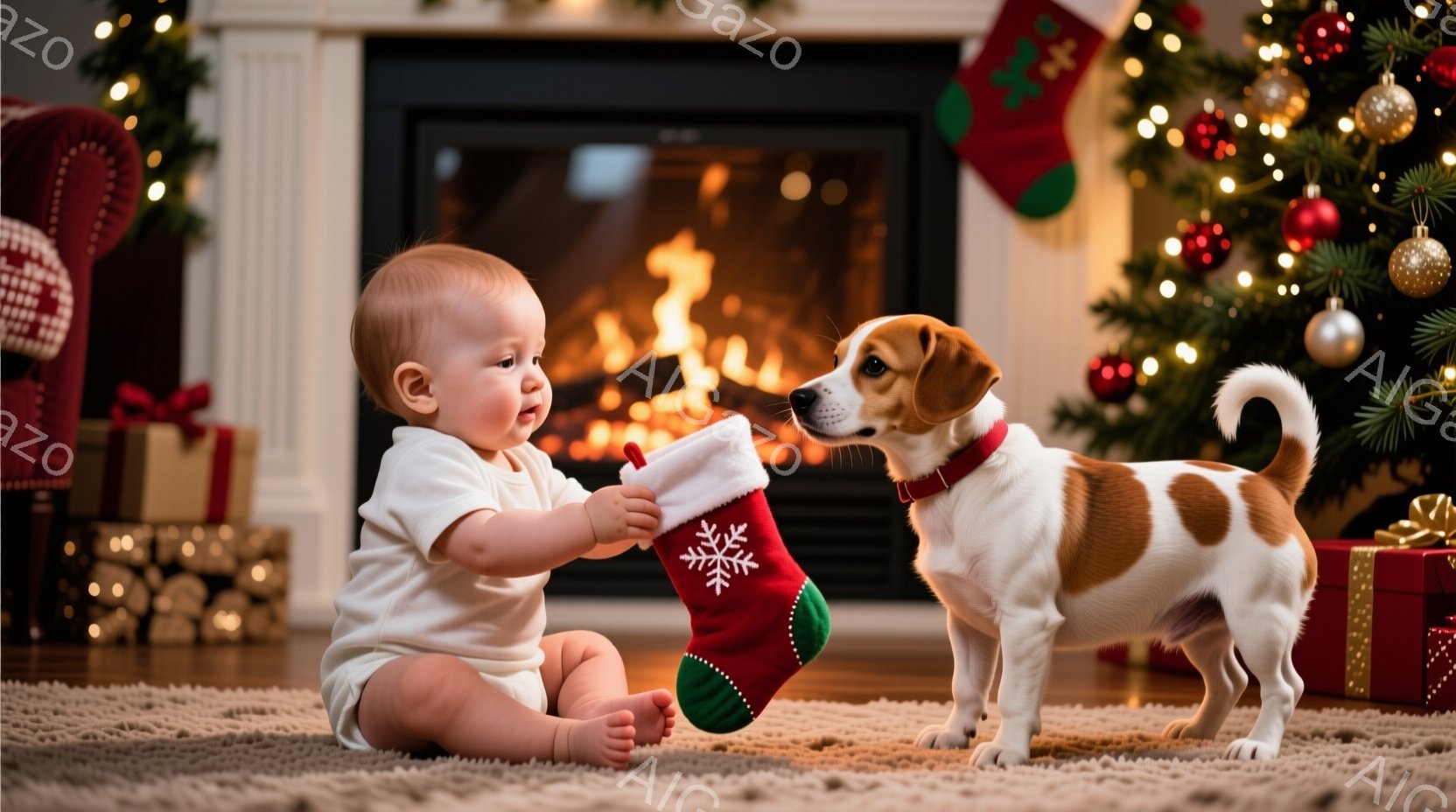 幼い赤ちゃんが白いロンパースを着て床に座り、赤いクリスマスストッキングを持っています。ストッキングを見つめるビーグル犬が近くに立っており、好奇心旺盛な表情をしています。背景には、点灯したクリスマスツリーと暖炉があり、暖かく、お祝いの雰囲気です。